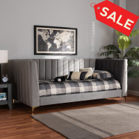 Baxton Studio CF0344-Light Grey Daybed-Twin Oksana Modern Contemporary Glam and Luxe Light Grey Velvet Fabric Upholstered and Gold Finished Twin Size Daybed